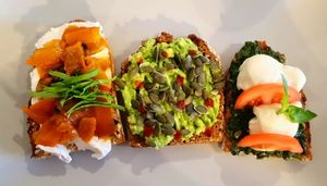 Avocado and Pumpkin Seeds with Sriracha dots · Cream Cheese and Zalmon · Pesto Caprese at The Carrot's Tail in Rathmines