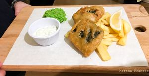 No Fish and Chips with minty mushy peas + vegan tartare sauce  at The Carrot's Tail in Rathmines