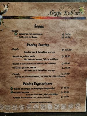 Speisekarte at Xkape Kob'an in Coban