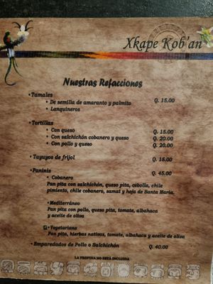 Speisekarte at Xkape Kob'an in Coban