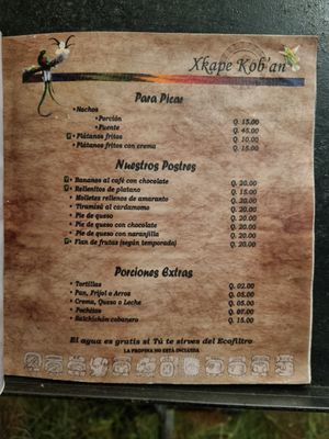 Speisekarte at Xkape Kob'an in Coban