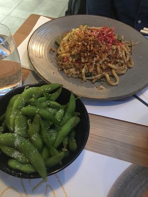 Yaki soba (can get without eggs) and edamame beans at Wagamama in Paris
