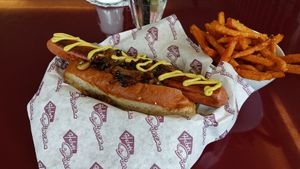 The (very large) hot dog at Helvti Diner - Bellevue in Zurich