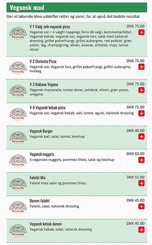 Their vegan section on the menu at Nørresundby Pizza in Aalborg