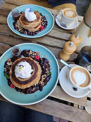 Buckwheat pancakes with berry compote at Girdlers in Manly