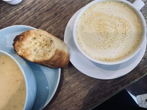 Cheezy vegetable soup & tumeric latte 🌱gorgeous👌🏻💚 at Dragonfly Bistro in Aberystwyth