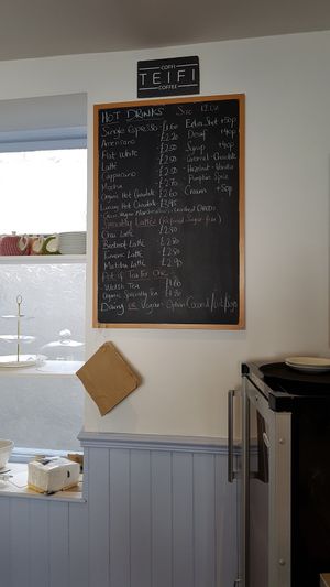 Hot drinks board at Dragonfly Bistro in Aberystwyth