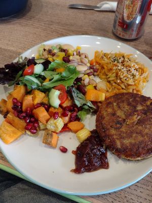 Platter: mushroom and lentil potato cake, lots of salads at Dragonfly Bistro in Aberystwyth