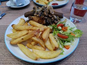 Hot dog and garlic mushrooms (January 2024) at Dragonfly Bistro in Aberystwyth