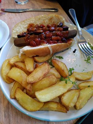 Hot dog with chips and beans (February 2024) at Dragonfly Bistro in Aberystwyth