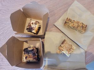 Choc Baked Cheesecake Brownie x2, Raspberry and White Choc Blondie and Peanut Butter and Seeds Flapjack at Dragonfly Bistro in Aberystwyth