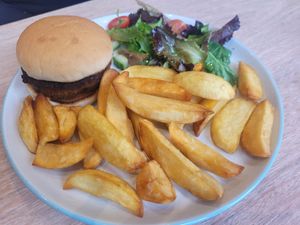 Bistro Burger, Chips and Salad at Dragonfly Bistro in Aberystwyth