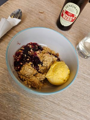 Fruit crumble with vegan ice cream at Dragonfly Bistro in Aberystwyth