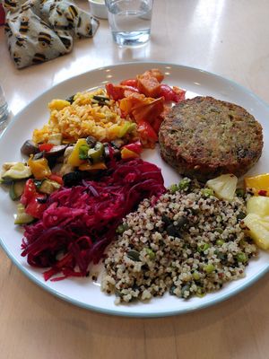 Vegan burger and salads (September 2024) at Dragonfly Bistro in Aberystwyth
