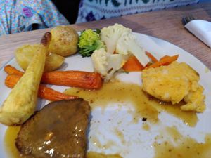 Sunday roast - half eaten (March 2026) at Dragonfly Bistro in Aberystwyth