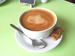 Oat milk latte at Dragonfly Bistro in Aberystwyth