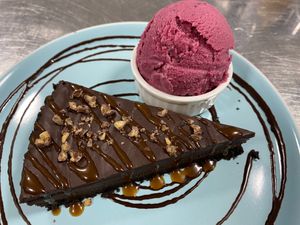 Chocolate Tart with Caramel drizzle (Vegan) at Dragonfly Bistro in Aberystwyth