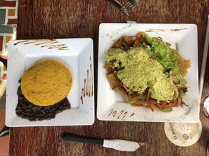 Arepa with beans & Patacon Bob Marley (sin queso) at Quero Arepa in Cartagena