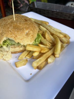 Falafel burger with fries   at Quero Arepa in Cartagena