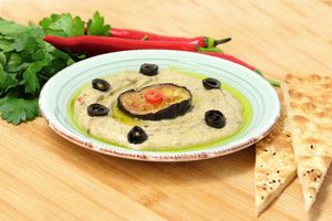 Hummus with Aubergine and Olives at Just Falafels in Hamburg