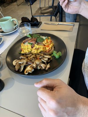 Green chilli scrambled eggs with added mushrooms on the side  at Main Street Cafe in Warragul