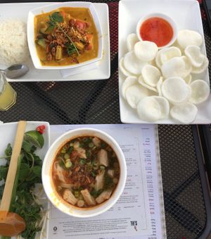 Prawn-less crackers, hot and spicy soup and curry both with this isn’t chicken at Pho in Oxford