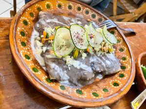 Enfrijoladas at La Vegana Garnacha in Guadalajara