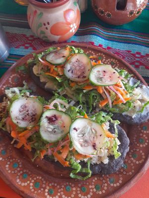 Huraches - filling in between bread and veggies at La Vegana Garnacha in Guadalajara