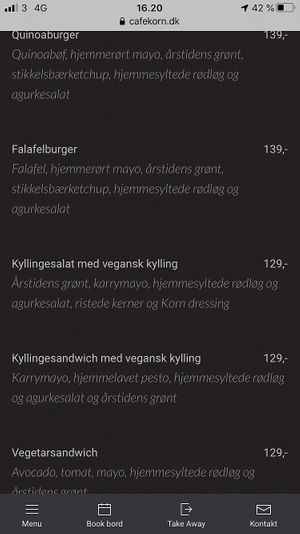 Menu  at Café Korn in Holbaek