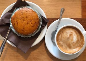 Vegan carrot cake and soy macchiato at The Coffee Box in Padua