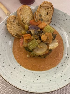 Ratatouille di verdure su gazpacho  at Osteria Del Melograno in Cremona