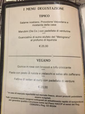 Vegan menu:
Appetizer-pink quinoa with broccoli and crispy tofu
Firs course-pasta with arugula pesto and saffron sauce
Second course-seitan slices with curry and mixed vegetable at Osteria Del Melograno in Cremona