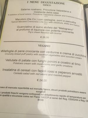 Vegan menu  at Osteria Del Melograno in Cremona