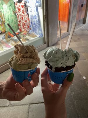 Chocolate and mint chocolate chip/ Pistachio and Hazelnut   at Gelato Fantasy in Venice