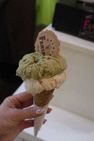 pistachio on top and almond on bottomm  at Gelato Fantasy in Venice