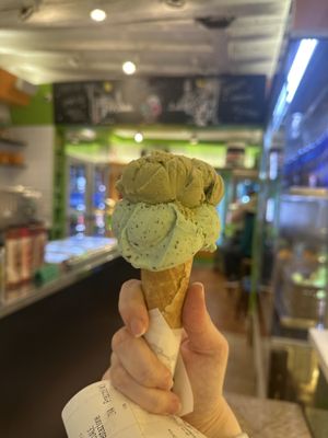 Dairy free pistachio and choc mint   at Gelato Fantasy in Venice