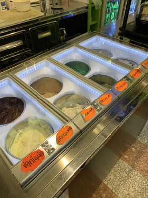 Vegan sorbet type flavors in the back. at Gelato Fantasy in Venice