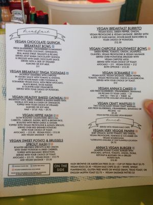 Vegan menu at Anna's House in Ann Arbor