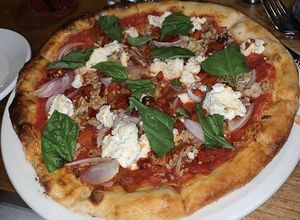 Kite Hill Vegan Cheese Pizza with basil, onion, roasted bell peppers, cauliflower, and Kite Hill Ricotta! 😍 at Market Tavern in Dublin