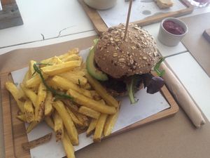 Black beans burger w/ avocado and home made french fries at Barraca Café in Lourinha