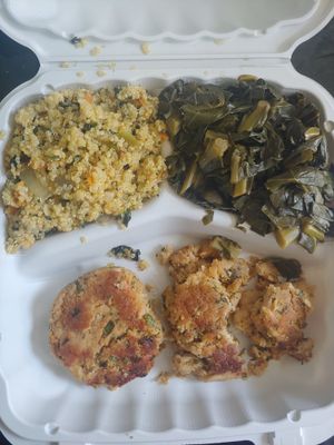 Vegan crabcakes with quinoa and collard greens at Vegan Hut Cafe in Waldorf