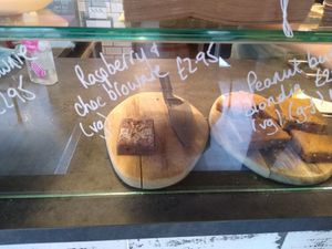 Raspberry and chocolate brownie at Lion's Den in Haslemere