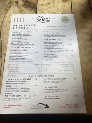 Menu as of 15/08/2023  at Lion's Den in Haslemere