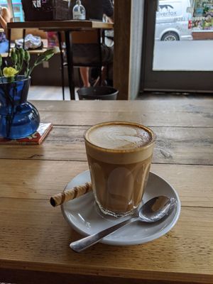 Soya latte with vanilla syrup at Lion's Den in Haslemere