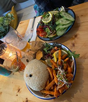 Vegan chicken/avocado burger with sweet potato fries + vegan kapsalon😋💕  at Aloha in Leiden