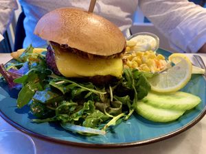 Beyond burger with a delicious sauce on top . Vegan at Aloha in Leiden