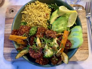 A bowl with very, very tasty  and crispy tempeh  at Aloha in Leiden