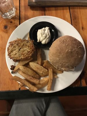 Vegan chef burger with a hash brown extra. (Could really do with a salad ) at Secret Garden in Cat Ba