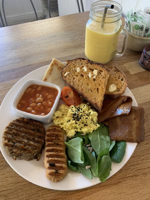 Full breakfast and passion shoot smoothie  at Chapter One Coffee Shop in Edinburgh
