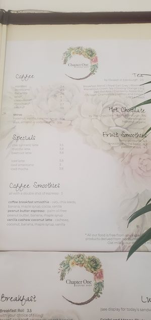 Drink menu at Chapter One Coffee Shop in Edinburgh